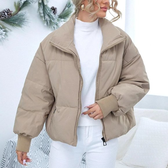 SHEIN Khaki Drop Shoulder Zip Up Puffer Jacket - Picture 8 of 9